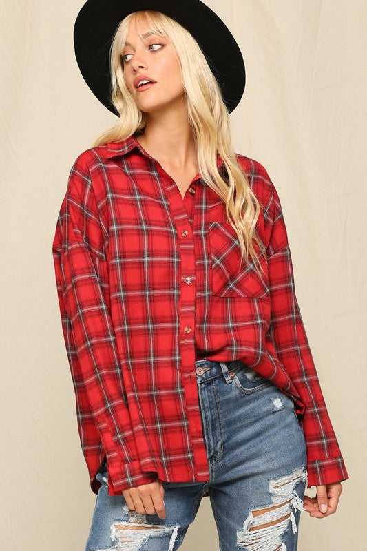 Oversized Button Down Plaid Shirt Red