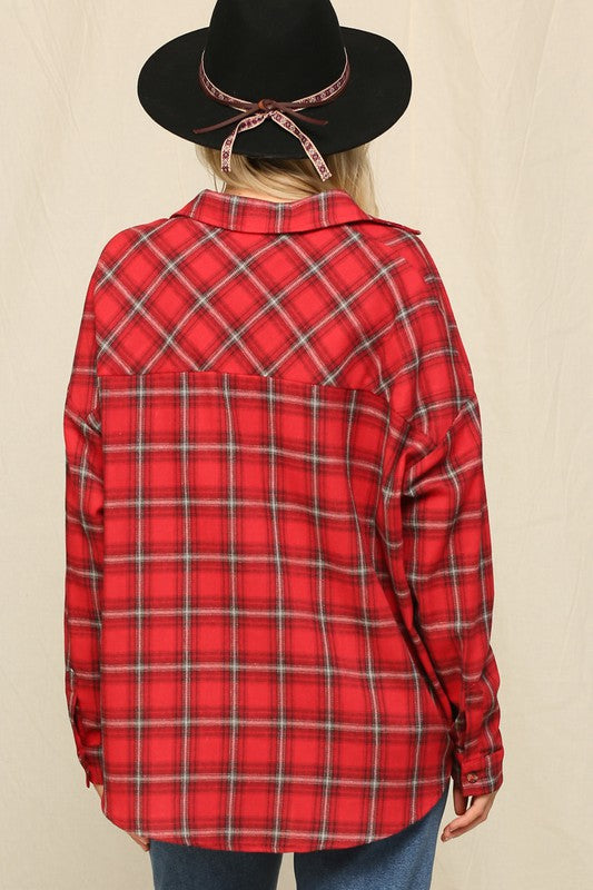 Oversized Button Down Plaid Shirt Red