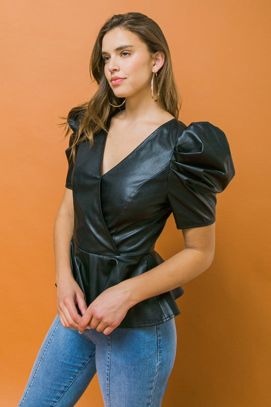 Puff Sleeve Faux Leather Top Black