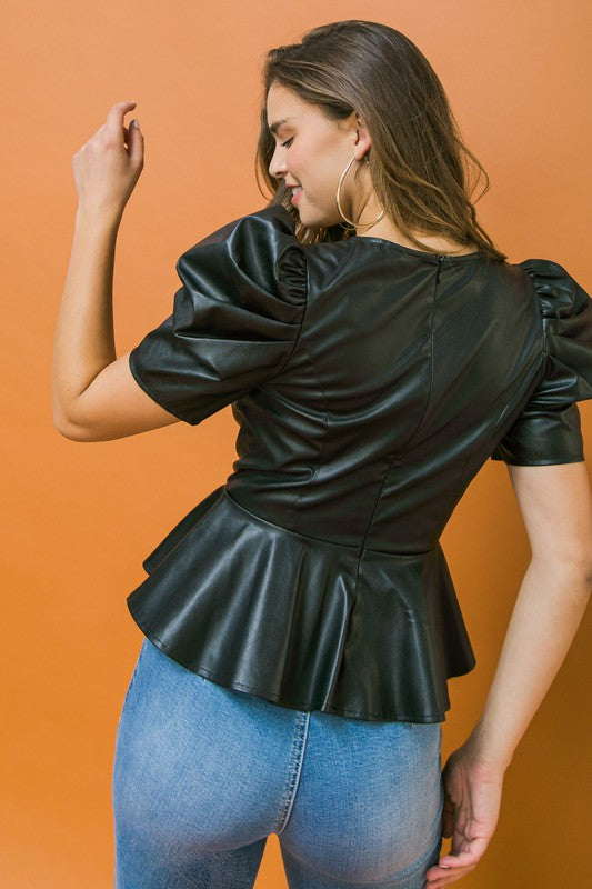 Puff Sleeve Faux Leather Top Black