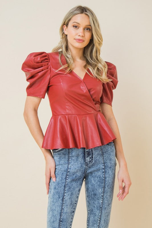 Puff Sleeve Faux Leather Top Red