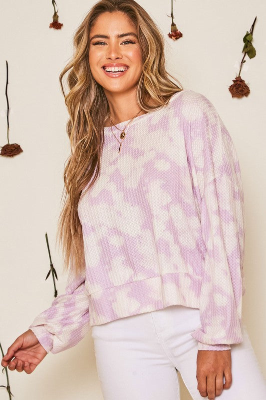 Tie Dye Waffle Knit Twisted Back Top Lilac