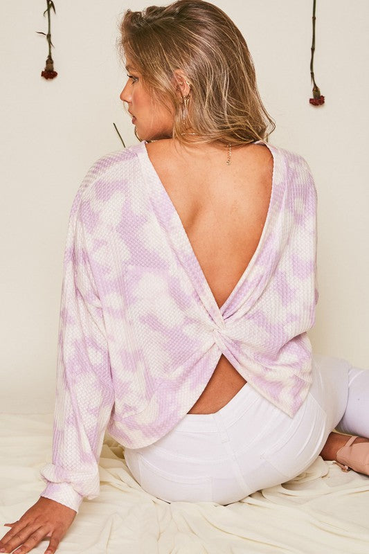 Tie Dye Waffle Knit Twisted Back Top Lilac