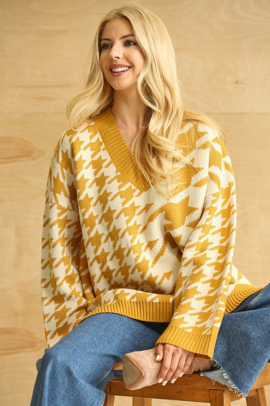 Houndstooth Loose Fit Sweater Top Golden