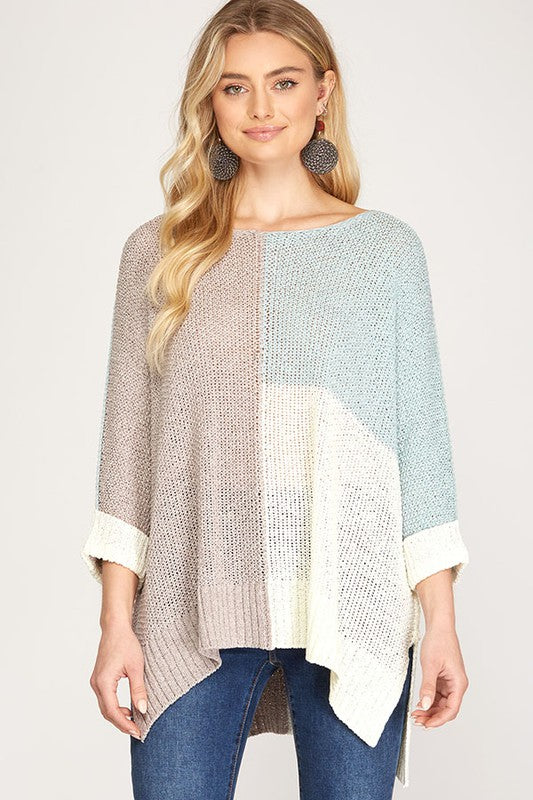 Sheer Color Block Knit Pullover Grey/Sky Blue