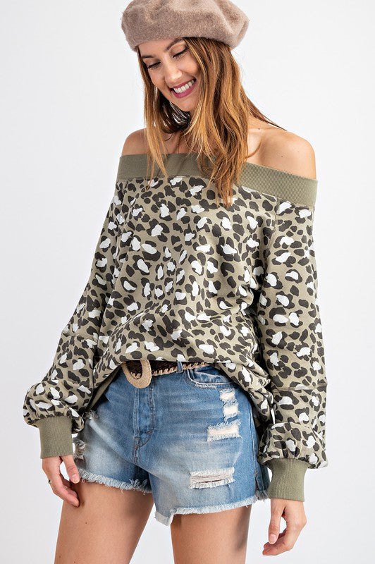 Leopard Terry Knit Off Shoulder Top Olive