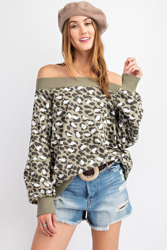 Leopard Terry Knit Off Shoulder Top Olive