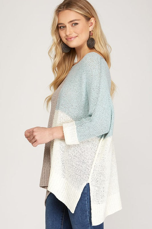 Sheer Color Block Knit Pullover Grey/Sky Blue