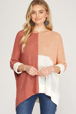Sheer Color Block Knit Pullover Marsala/Peach