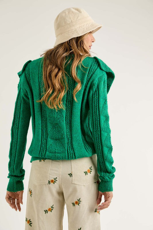 Ruffle Knit Button Down Pullover Sweater Green