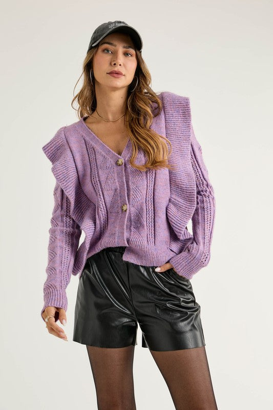 Ruffle Knit Button Down Pullover Sweater Lavender