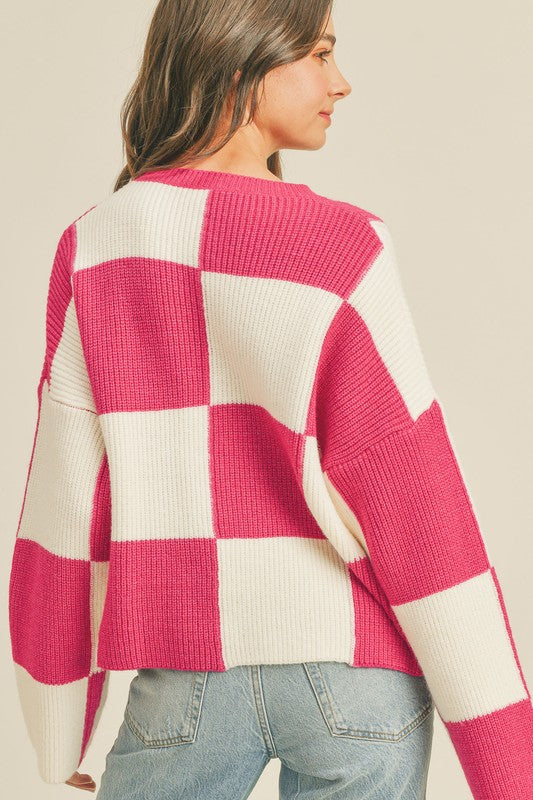 Oversized Checkerboard Pullover Hot Pink