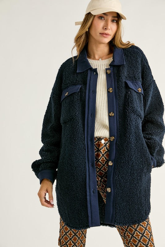 Button Down Long Sleeve Shacket Navy