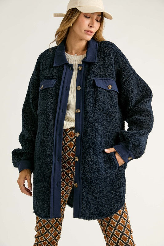 Button Down Long Sleeve Shacket Navy