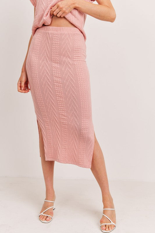 Cable Knit Midi Length Pencil Skirt Pink