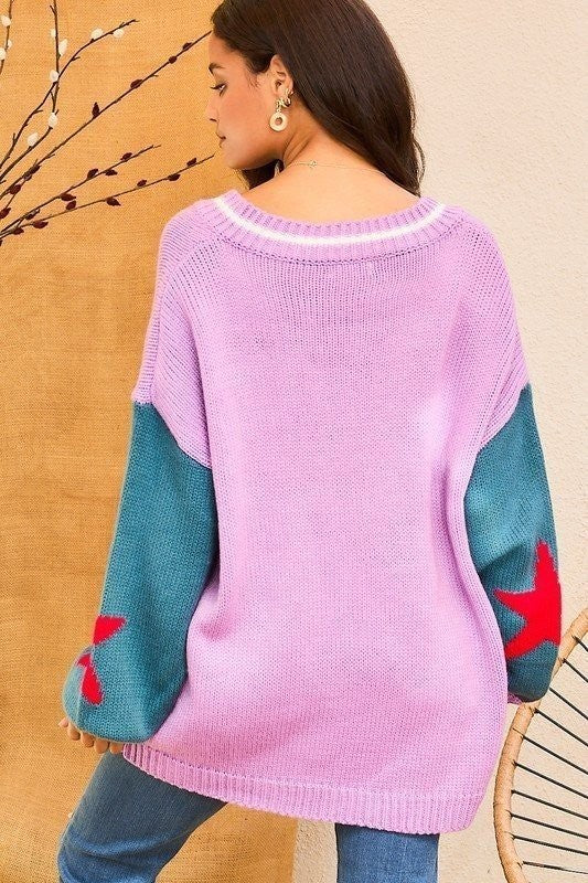 Star Print Sleeve Oversize Sweater Lavender