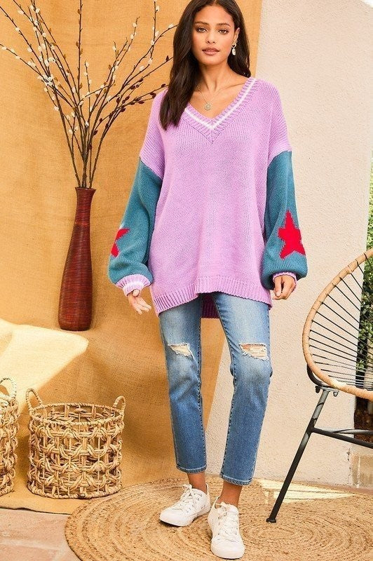 Star Print Sleeve Oversize Sweater Lavender