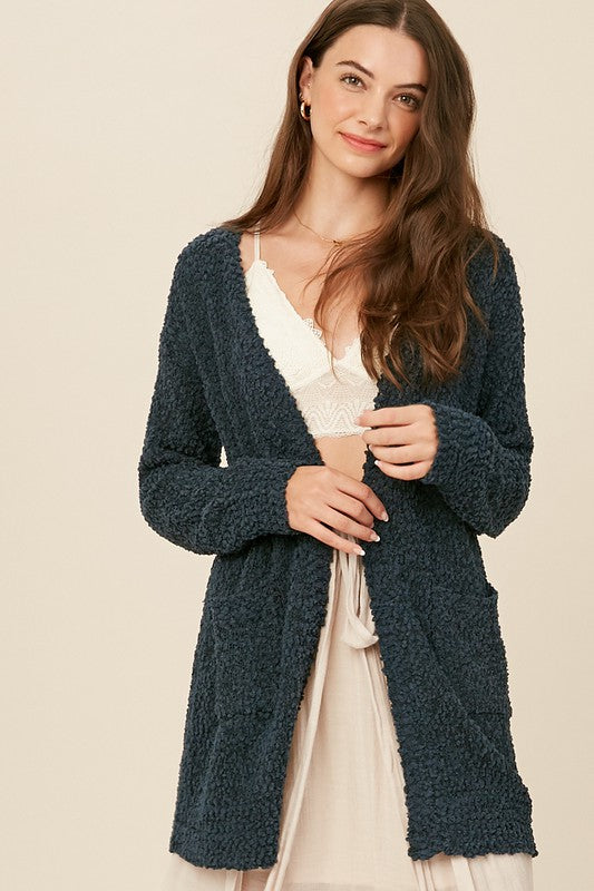 Broccato Popcorn Chunky Open Cardigan Green