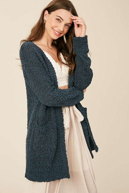 Broccato Popcorn Chunky Open Cardigan Green