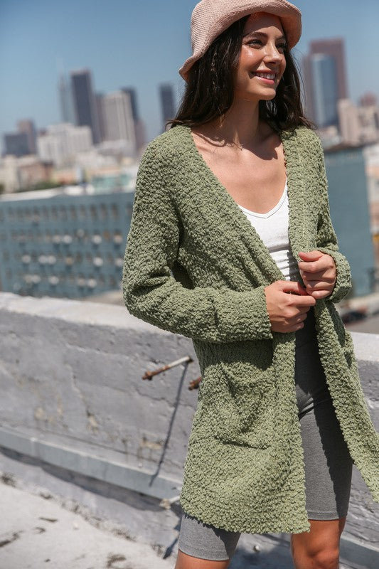 Broccato Popcorn Chunky Open Cardigan Olive