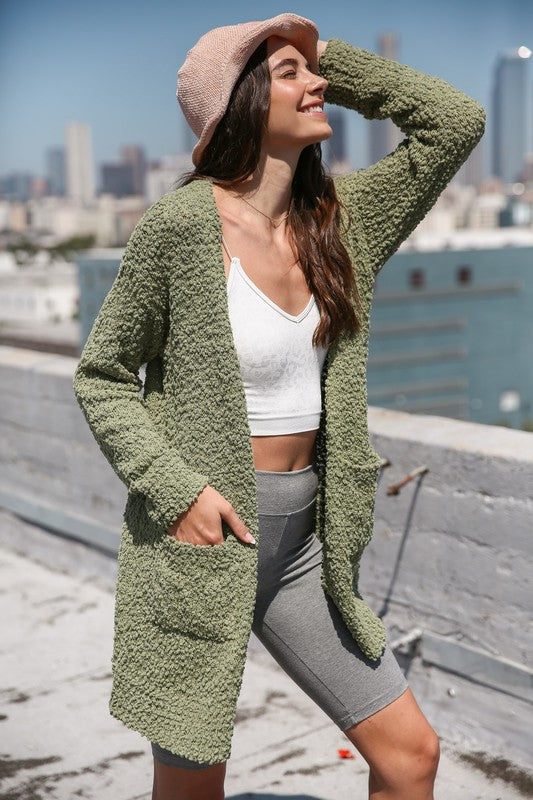 Broccato Popcorn Chunky Open Cardigan Olive